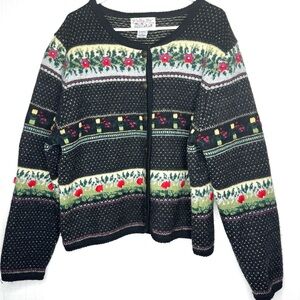 Tally Ho Womens Birds Eye Wool Floral Front Button Sweater Cardigan Cottagecore